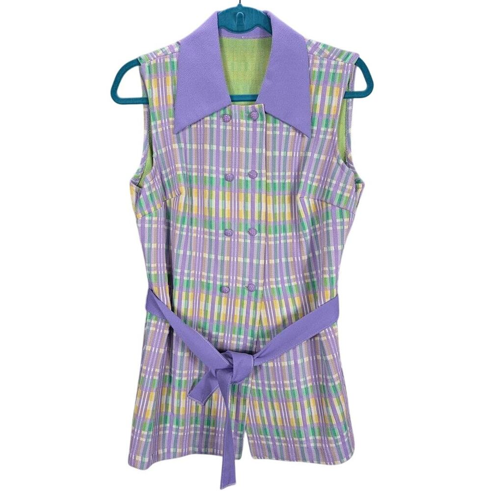 Vintage Tunic Shirt Womens Large Plaid Purple Sleeveless Button Double Breasted